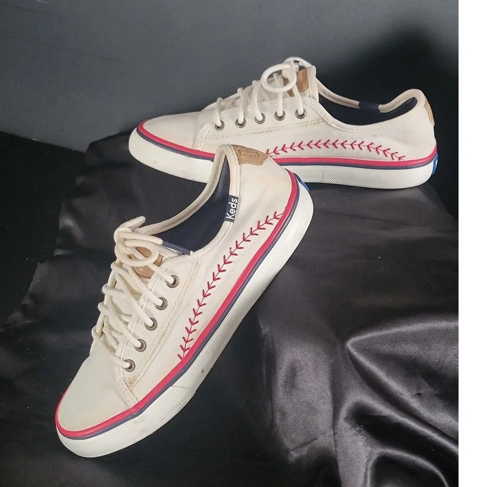 Keds Double Up Baseball Sneakers Off White Canvas Red Stitching Youth Size 2M